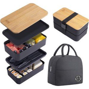 NEW in Box - Japanese Bamboo Box, Lunch Bag Meal Prep Black for Kids & Adults